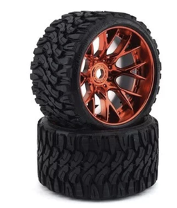 Monster Truck Terrain Crusher Belted tire preglued on WHD Red Chrome wheel 2pc set